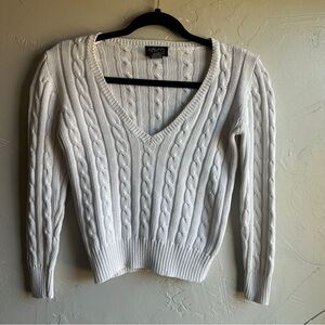 NY&Co‎ Y2K Cropped Cable Knit V-Neck Sweater White Preppy Clean Girl Cotton XS